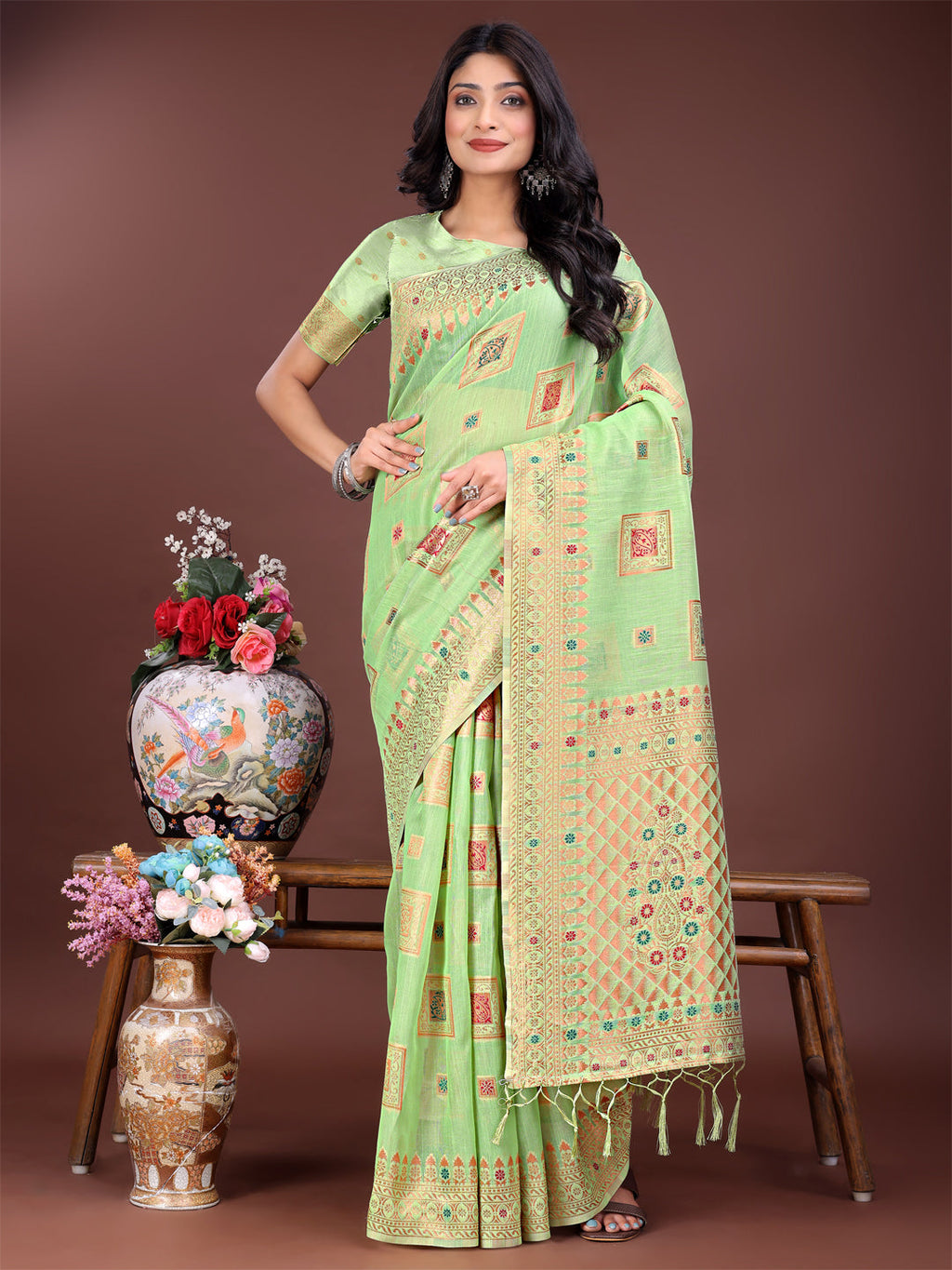 Shree Shyam Fashion Elegant Light Green Linen Saree with Intricate Woven Patterns - Lightweight Grace for Everyday and Festive Moments