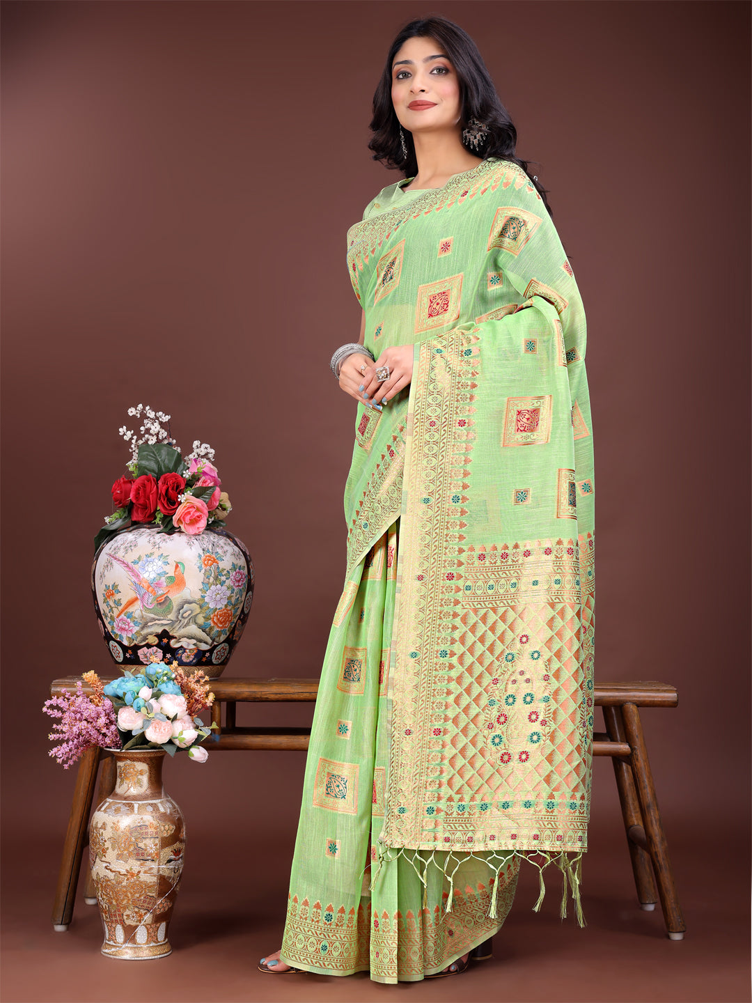 Shree Shyam Fashion Elegant Light Green Linen Saree with Intricate Woven Patterns - Lightweight Grace for Everyday and Festive Moments