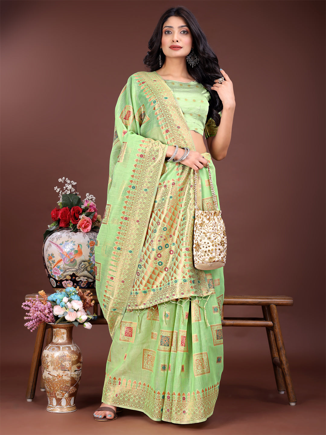 Shree Shyam Fashion Elegant Light Green Linen Saree with Intricate Woven Patterns - Lightweight Grace for Everyday and Festive Moments