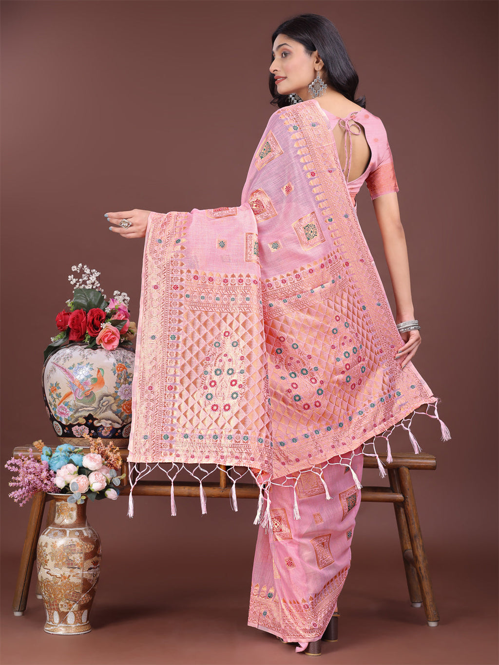 Shree Shyam Fashion Elegant Light Pink Linen Saree with Intricate Woven Patterns - Lightweight Grace for Everyday and Festive Moments