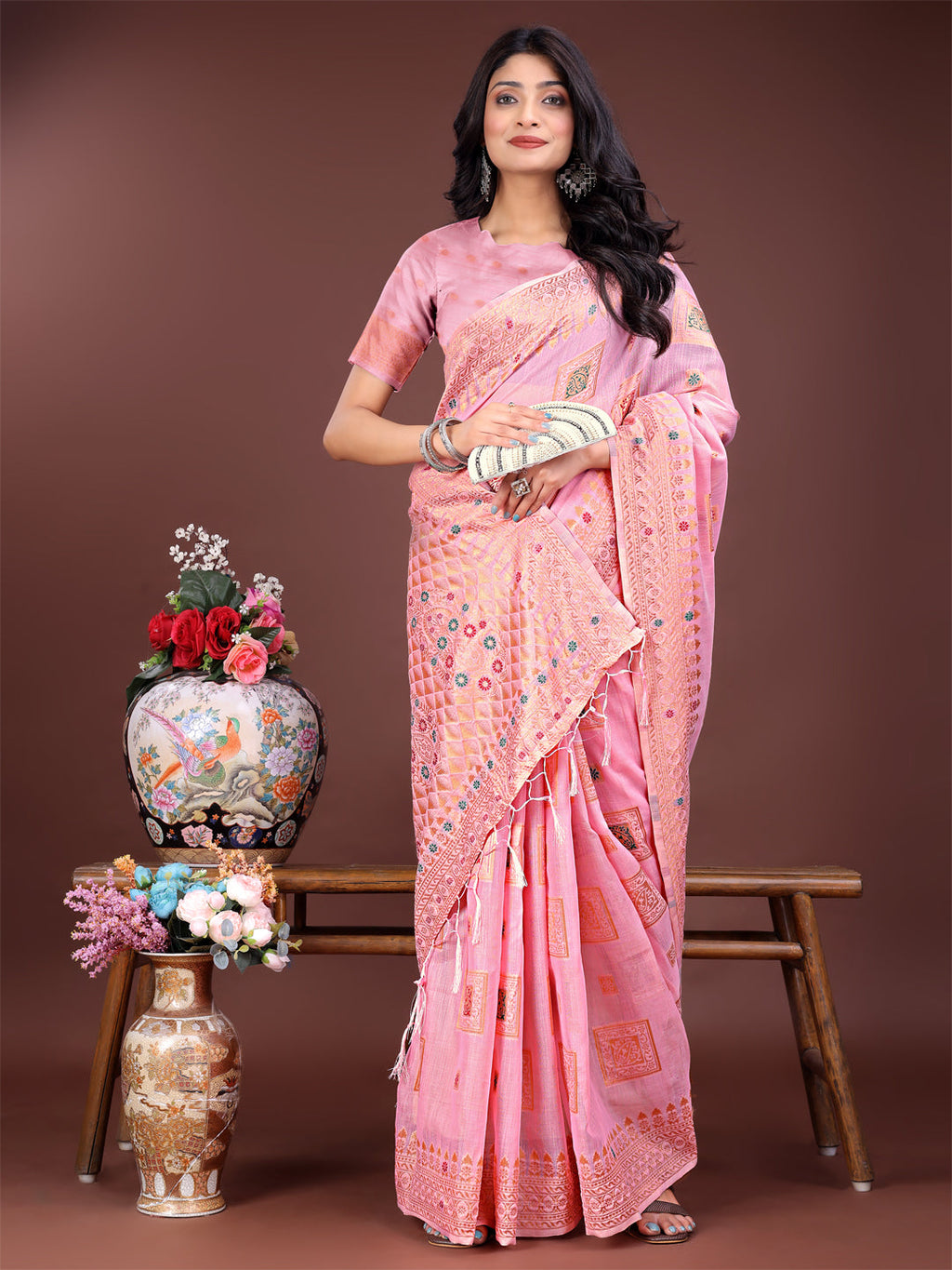 Shree Shyam Fashion Elegant Light Pink Linen Saree with Intricate Woven Patterns - Lightweight Grace for Everyday and Festive Moments