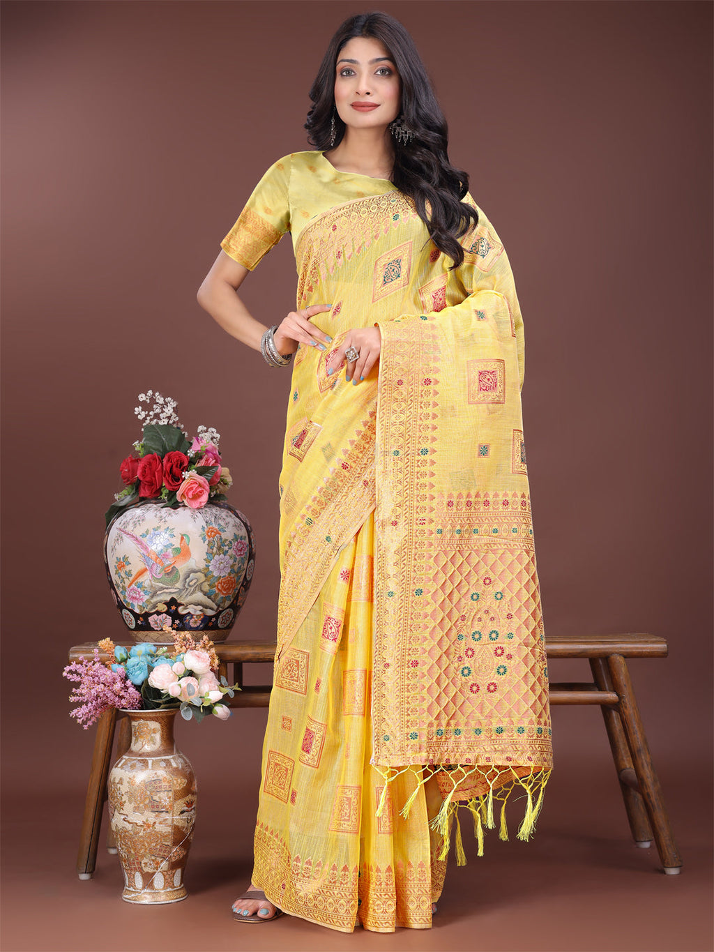 Shree Shyam Fashion Elegant Yellow Linen Saree with Intricate Woven Patterns - Lightweight Grace for Everyday and Festive Moments