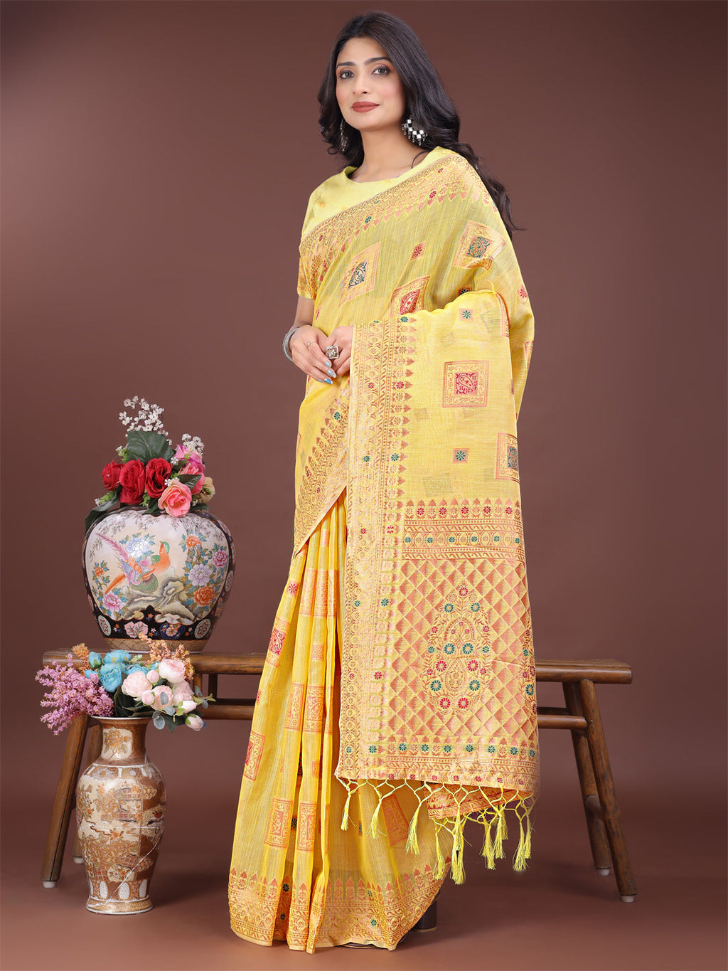 Shree Shyam Fashion Elegant Yellow Linen Saree with Intricate Woven Patterns - Lightweight Grace for Everyday and Festive Moments