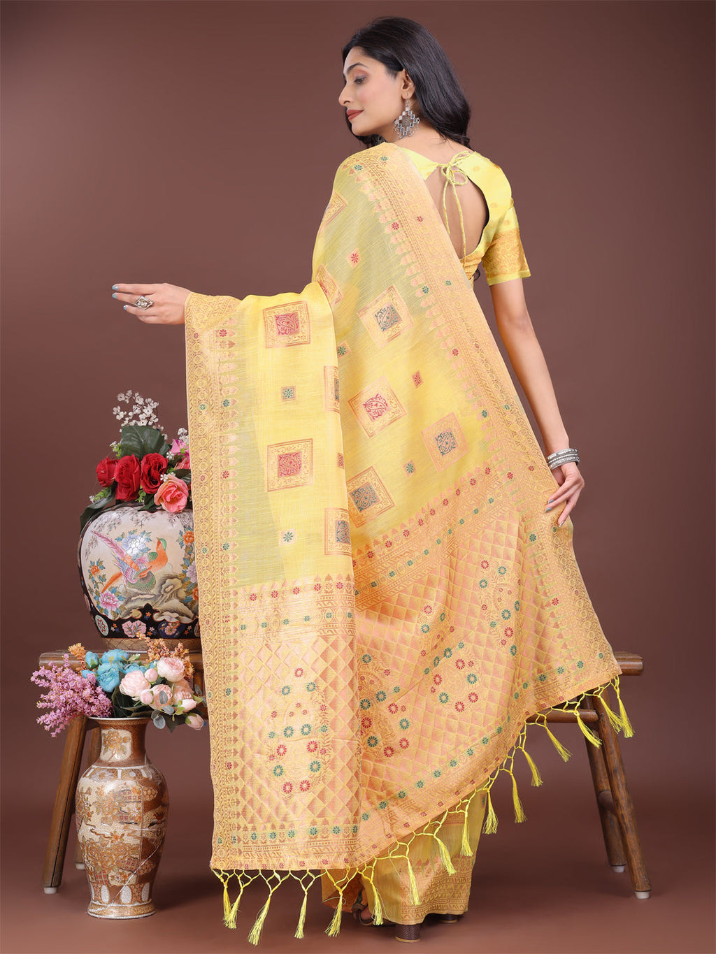 Shree Shyam Fashion Elegant Yellow Linen Saree with Intricate Woven Patterns - Lightweight Grace for Everyday and Festive Moments