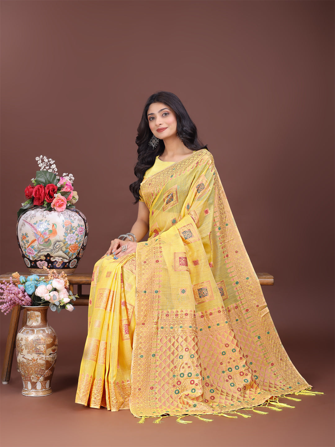 Shree Shyam Fashion Elegant Yellow Linen Saree with Intricate Woven Patterns - Lightweight Grace for Everyday and Festive Moments