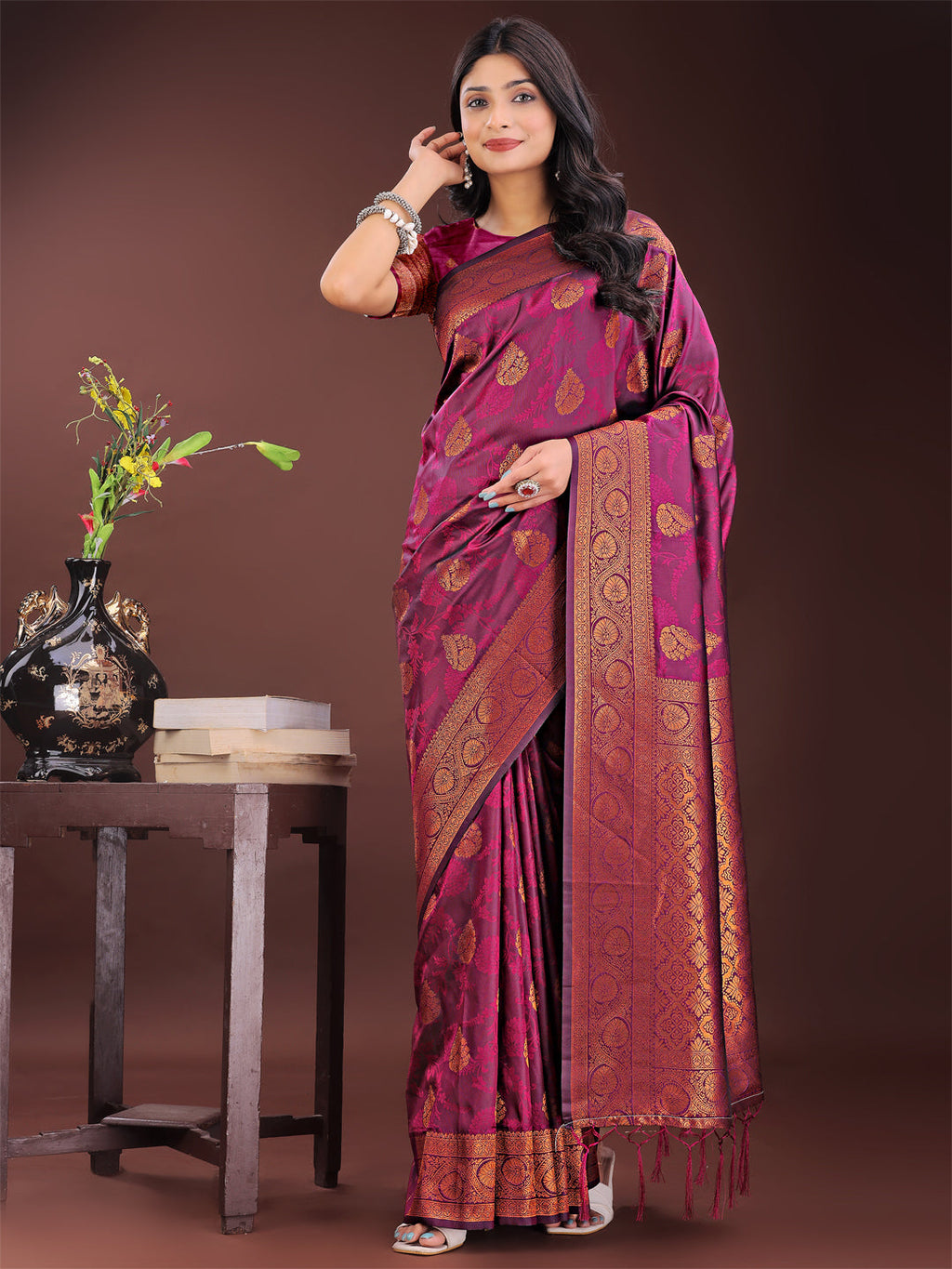 Shree Shyam Fashion Majestic Purple Banarasi Silk Saree with Golden Zari - Timeless Indian Ethnic Elegance for Weddings & Festive Occasions