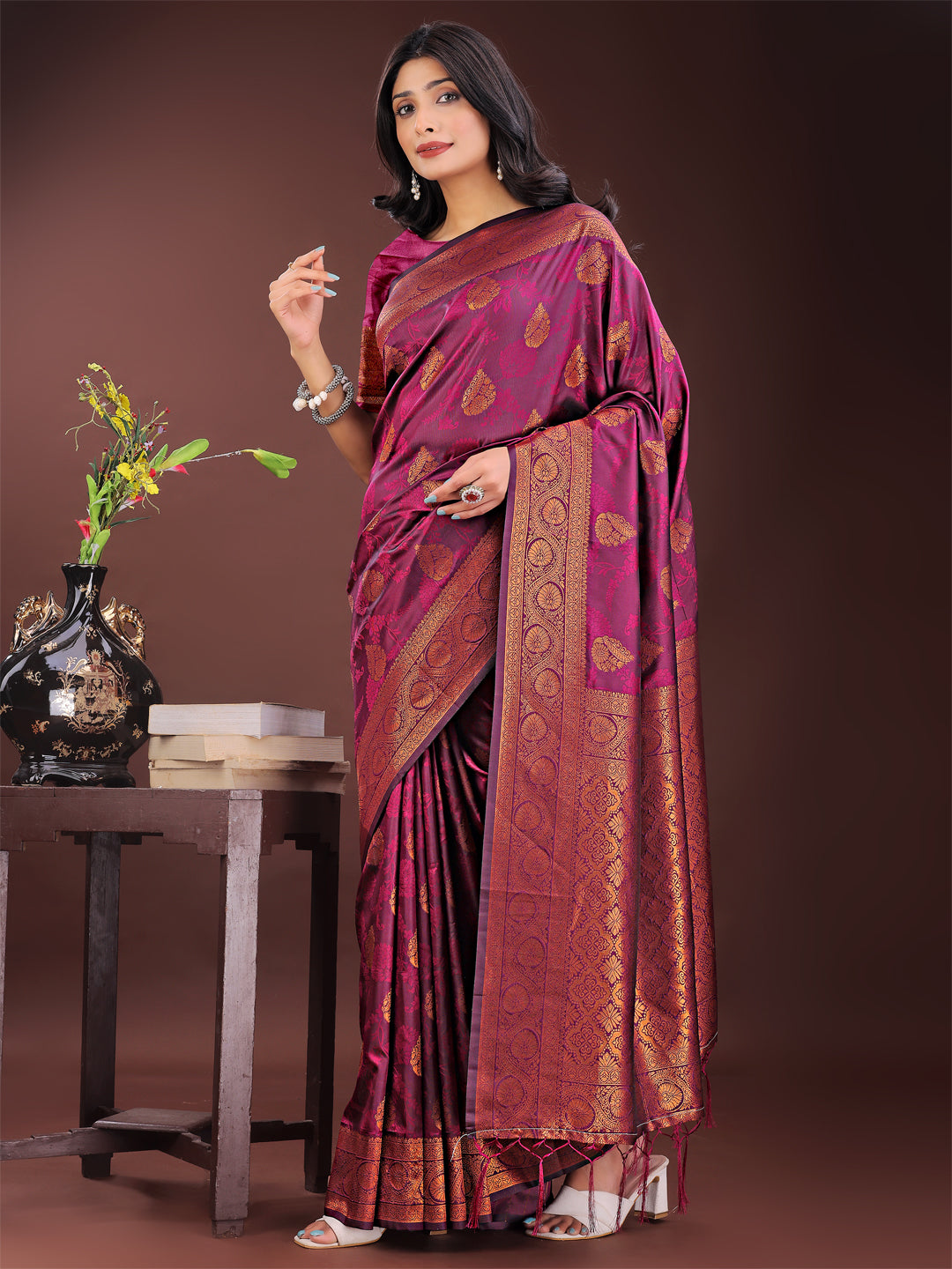 Shree Shyam Fashion Majestic Purple Banarasi Silk Saree with Golden Zari - Timeless Indian Ethnic Elegance for Weddings & Festive Occasions