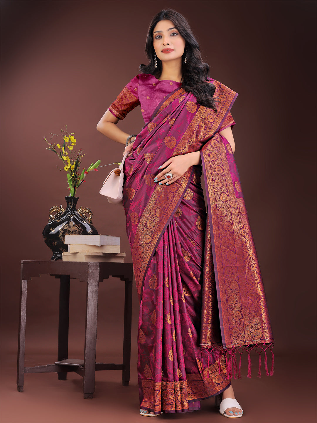 Shree Shyam Fashion Majestic Purple Banarasi Silk Saree with Golden Zari - Timeless Indian Ethnic Elegance for Weddings & Festive Occasions