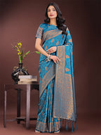 Shree Shyam Fashion Majestic Teal Banarasi Silk Saree with Golden Zari - Timeless Indian Ethnic Elegance for Weddings & Festive Occasions