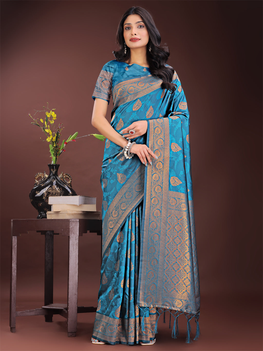 Shree Shyam Fashion Majestic Teal Banarasi Silk Saree with Golden Zari - Timeless Indian Ethnic Elegance for Weddings & Festive Occasions