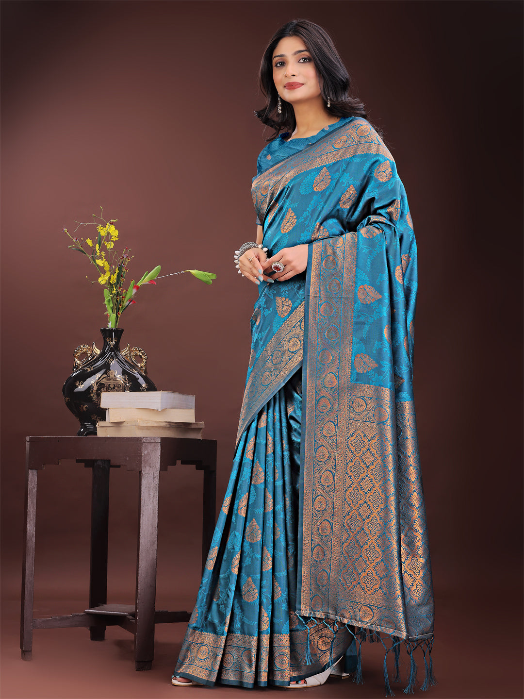 Shree Shyam Fashion Majestic Teal Banarasi Silk Saree with Golden Zari - Timeless Indian Ethnic Elegance for Weddings & Festive Occasions