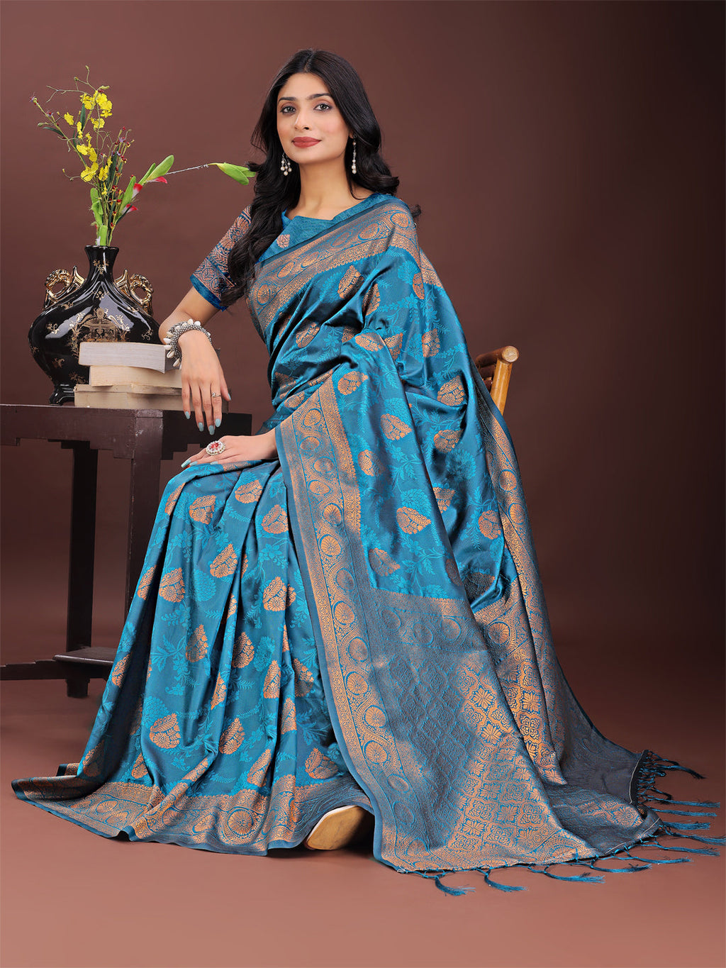 Shree Shyam Fashion Majestic Teal Banarasi Silk Saree with Golden Zari - Timeless Indian Ethnic Elegance for Weddings & Festive Occasions