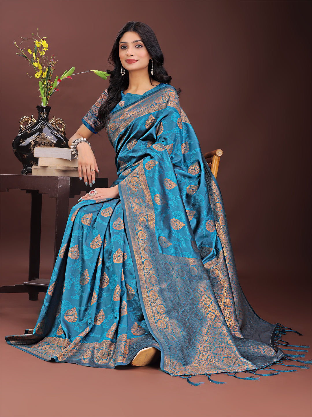 Shree Shyam Fashion Majestic Teal Banarasi Silk Saree with Golden Zari - Timeless Indian Ethnic Elegance for Weddings & Festive Occasions