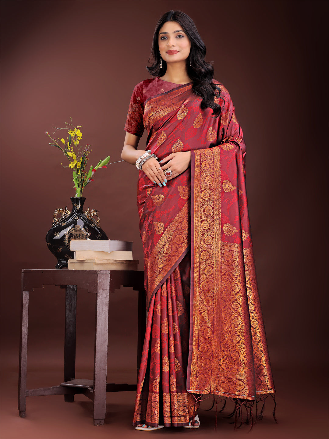 Shree Shyam Fashion Majestic Maroon Banarasi Silk Saree with Golden Zari - Timeless Indian Ethnic Elegance for Weddings & Festive Occasions