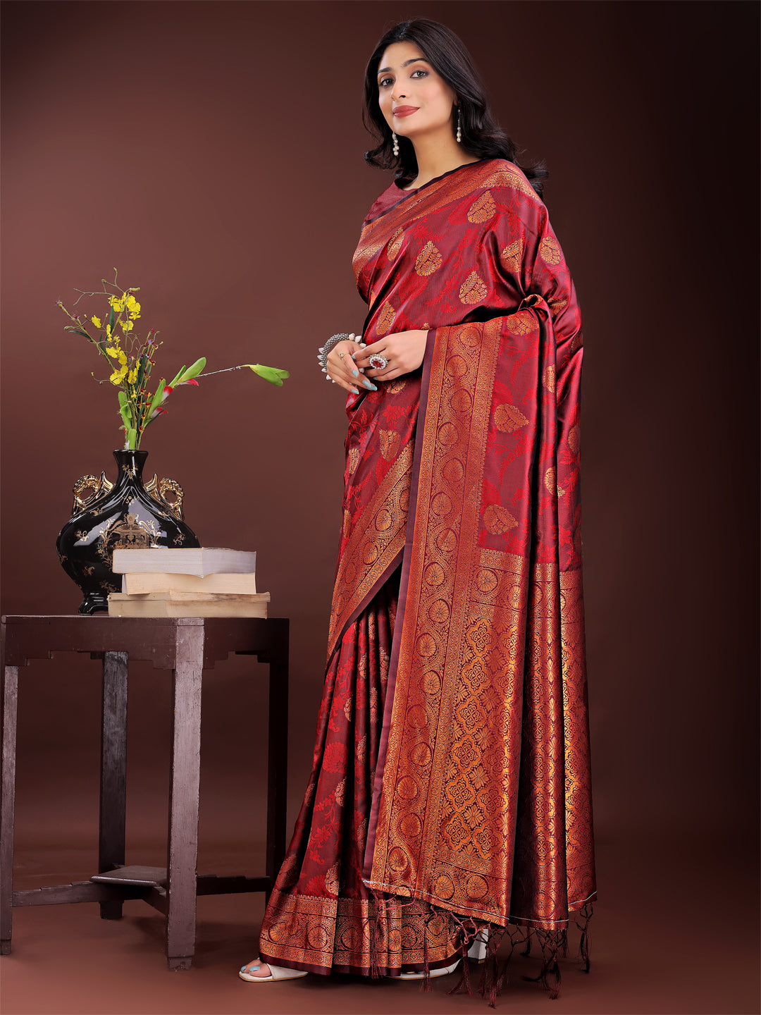 Shree Shyam Fashion Majestic Maroon Banarasi Silk Saree with Golden Zari - Timeless Indian Ethnic Elegance for Weddings & Festive Occasions