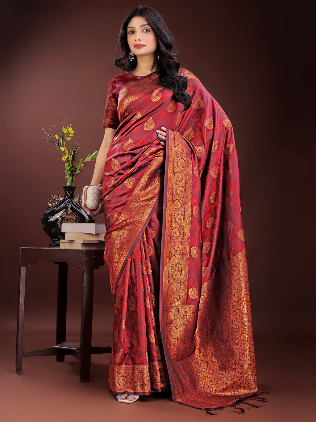 Shree Shyam Fashion Majestic Maroon Banarasi Silk Saree with Golden Zari - Timeless Indian Ethnic Elegance for Weddings & Festive Occasions