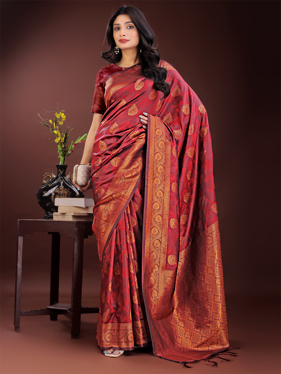 Shree Shyam Fashion Majestic Maroon Banarasi Silk Saree with Golden Zari - Timeless Indian Ethnic Elegance for Weddings & Festive Occasions