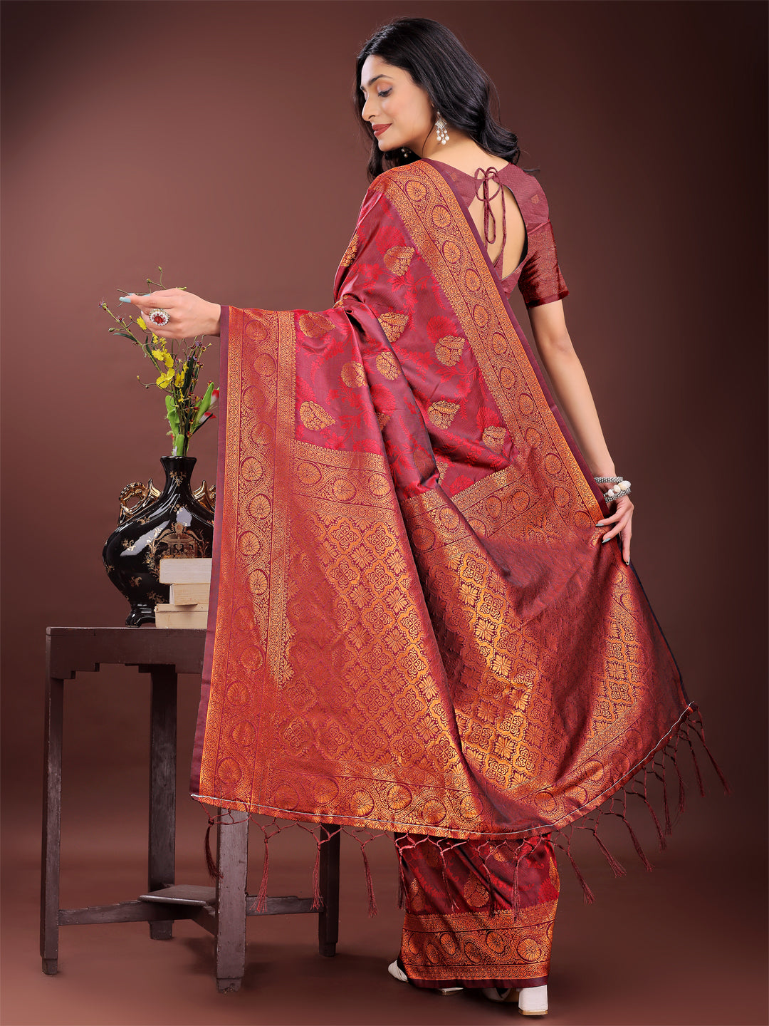 Shree Shyam Fashion Majestic Maroon Banarasi Silk Saree with Golden Zari - Timeless Indian Ethnic Elegance for Weddings & Festive Occasions