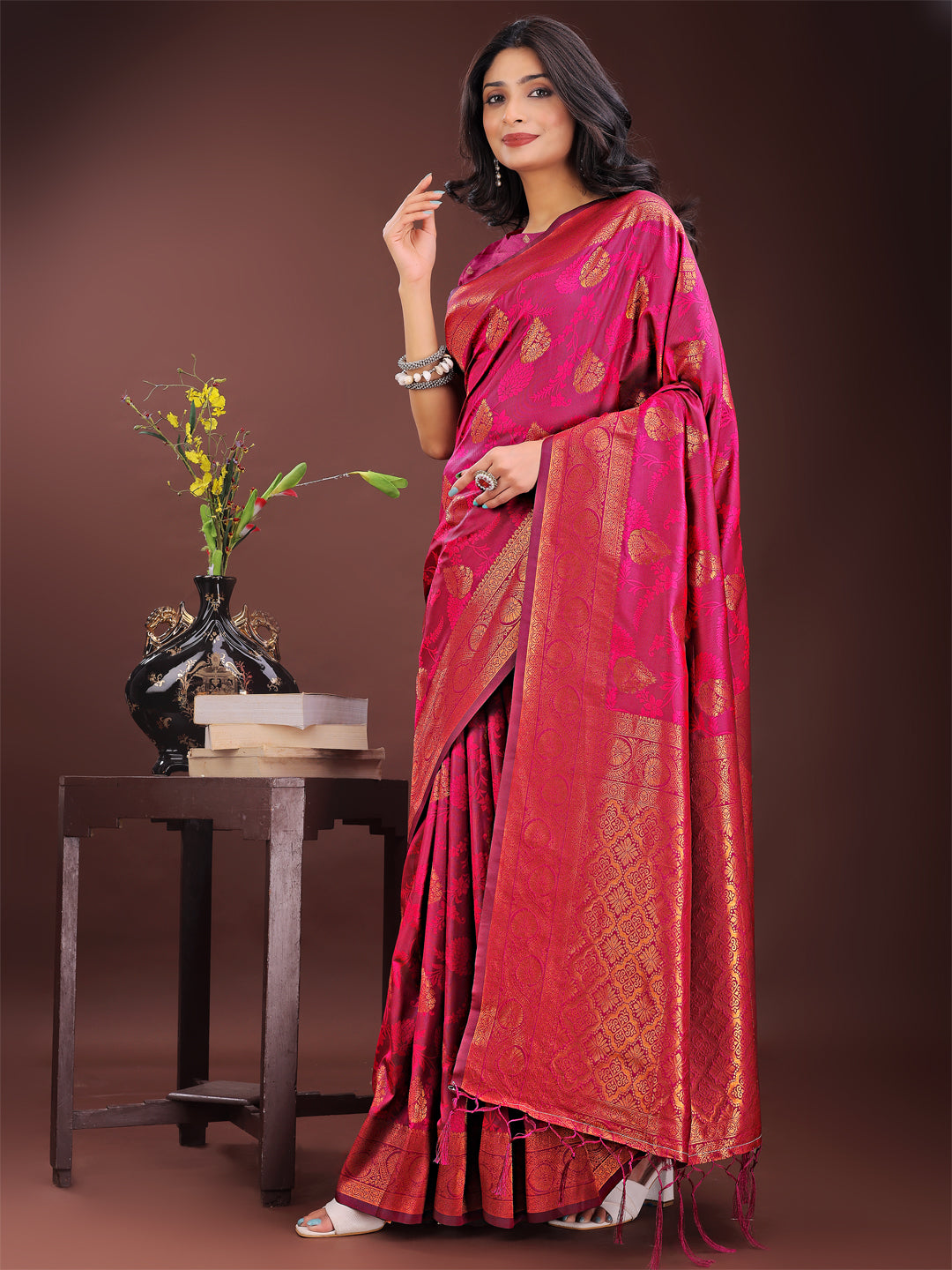 Shree Shyam Fashion Majestic Magenta Banarasi Silk Saree with Golden Zari - Timeless Indian Ethnic Elegance for Weddings & Festive Occasions