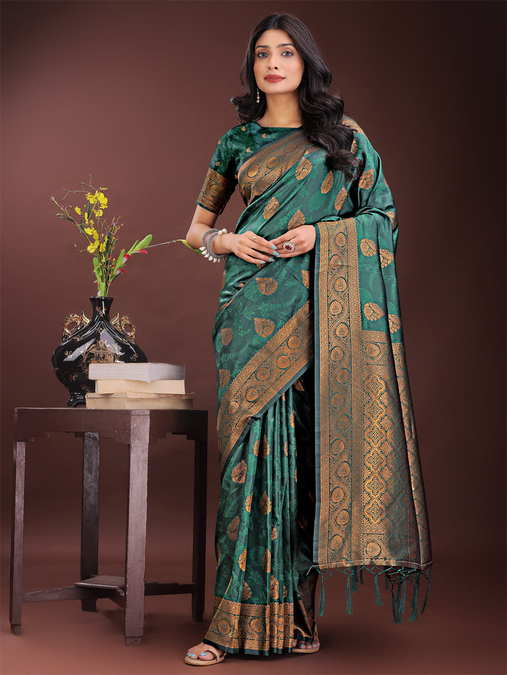 Shree Shyam Fashion Majestic Dark Green Banarasi Silk Saree with Golden Zari - Timeless Indian Ethnic Elegance for Weddings & Festive Occasions