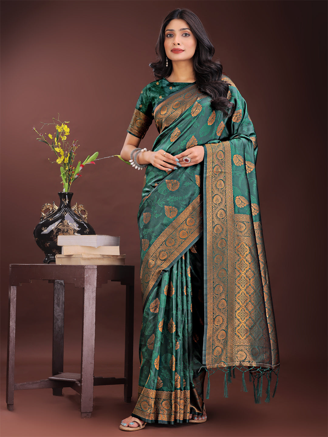 Shree Shyam Fashion Majestic Dark Green Banarasi Silk Saree with Golden Zari - Timeless Indian Ethnic Elegance for Weddings & Festive Occasions