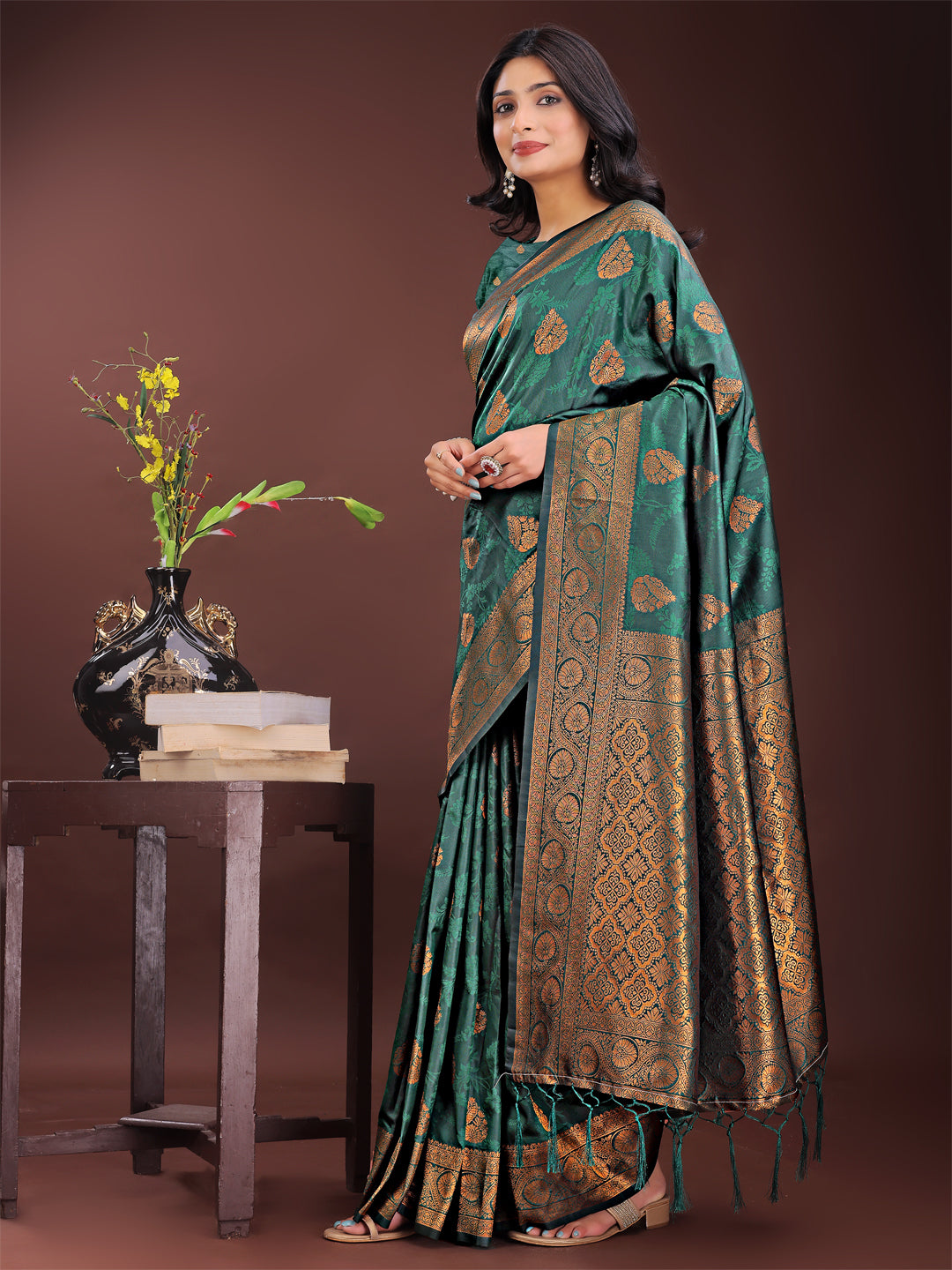 Shree Shyam Fashion Majestic Dark Green Banarasi Silk Saree with Golden Zari - Timeless Indian Ethnic Elegance for Weddings & Festive Occasions