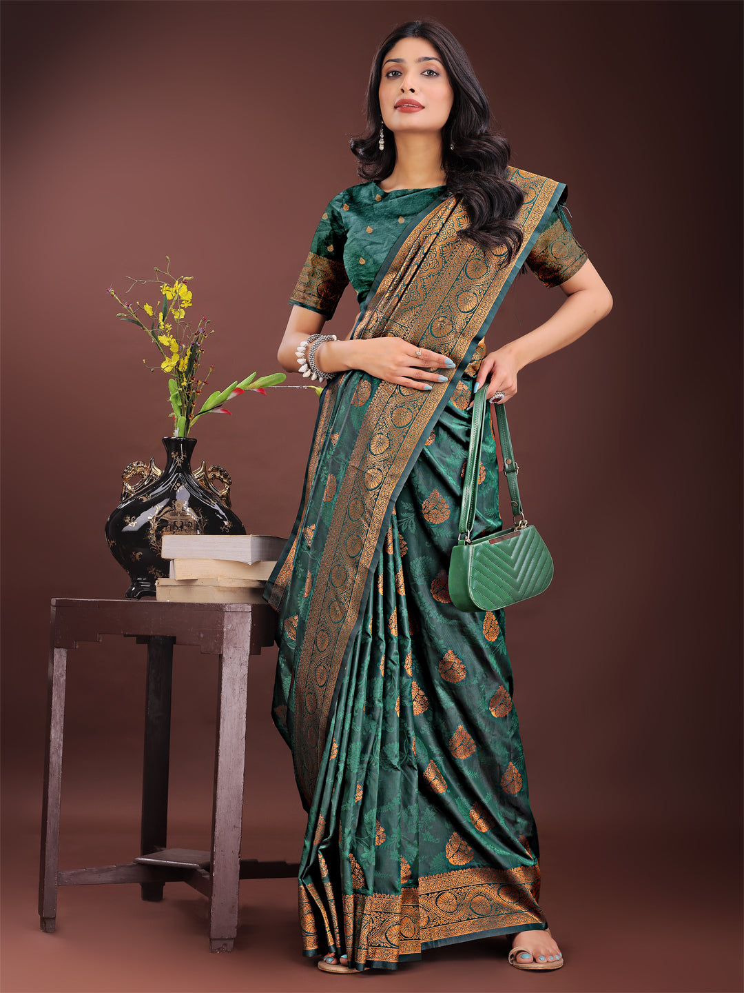 Shree Shyam Fashion Majestic Dark Green Banarasi Silk Saree with Golden Zari - Timeless Indian Ethnic Elegance for Weddings & Festive Occasions