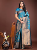 Shree Shyam Fashion Teal Blue Linen Cotton Saree with Golden Zari Leaf Woven Design & Rich Pallu - Festive Wear | Office Look | Soft Drape - Distacart