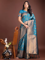 Shree Shyam Fashion Teal Blue Linen Cotton Saree with Golden Zari Leaf Woven Design & Rich Pallu - Festive Wear | Office Look | Soft Drape - Distacart