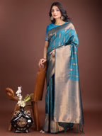 Shree Shyam Fashion Teal Blue Linen Cotton Saree with Golden Zari Leaf Woven Design & Rich Pallu - Festive Wear | Office Look | Soft Drape - Distacart