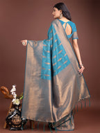Shree Shyam Fashion Teal Blue Linen Cotton Saree with Golden Zari Leaf Woven Design & Rich Pallu - Festive Wear | Office Look | Soft Drape - Distacart