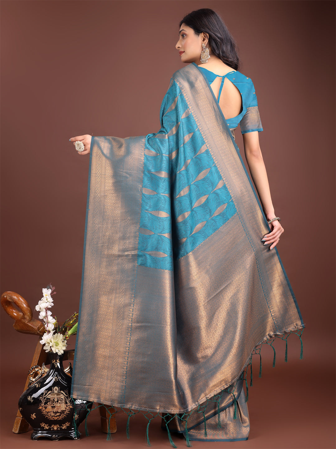 Shree Shyam Fashion Teal Blue Linen Cotton Saree with Golden Zari Leaf Woven Design & Rich Pallu - Festive Wear | Office Look | Soft Drape - Distacart