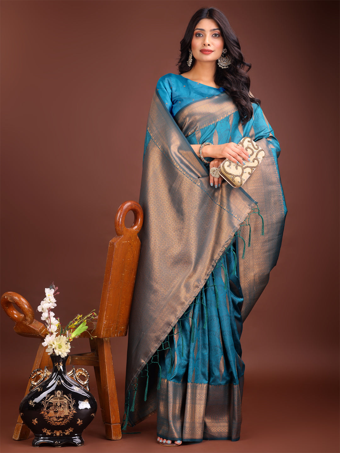 Shree Shyam Fashion Teal Blue Linen Cotton Saree with Golden Zari Leaf Woven Design & Rich Pallu - Festive Wear | Office Look | Soft Drape - Distacart