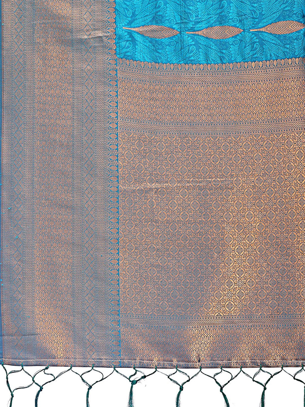Shree Shyam Fashion Teal Blue Linen Cotton Saree with Golden Zari Leaf Woven Design & Rich Pallu - Festive Wear | Office Look | Soft Drape - Distacart