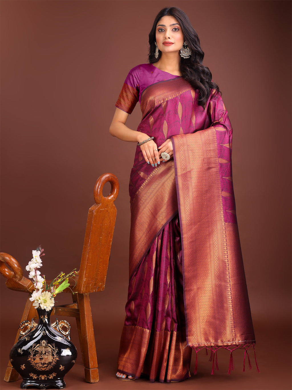 Shree Shyam Fashion Purple Linen Cotton Saree with Golden Zari Leaf Woven Design & Rich Pallu - Festive Wear | Office Look | Soft Drape - Distacart