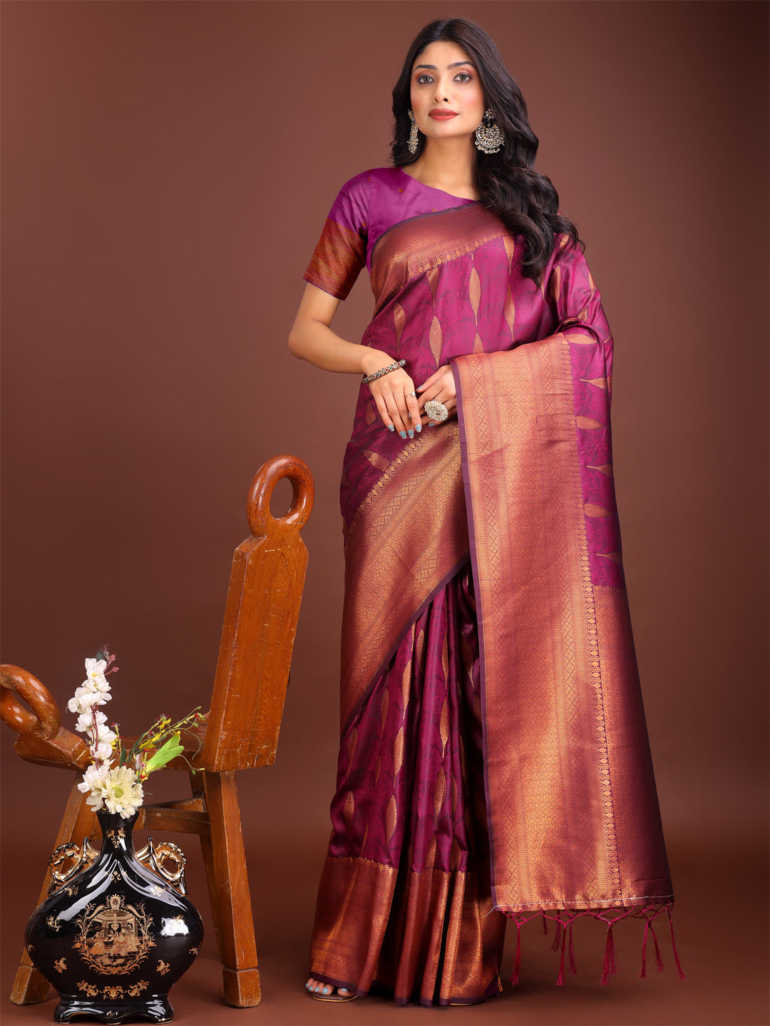 Shree Shyam Fashion Purple Linen Cotton Saree with Golden Zari Leaf Woven Design & Rich Pallu - Festive Wear | Office Look | Soft Drape - Distacart