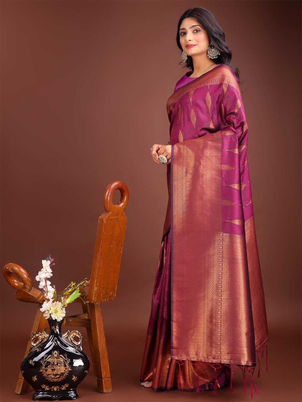 Shree Shyam Fashion Purple Linen Cotton Saree with Golden Zari Leaf Woven Design & Rich Pallu - Festive Wear | Office Look | Soft Drape - Distacart