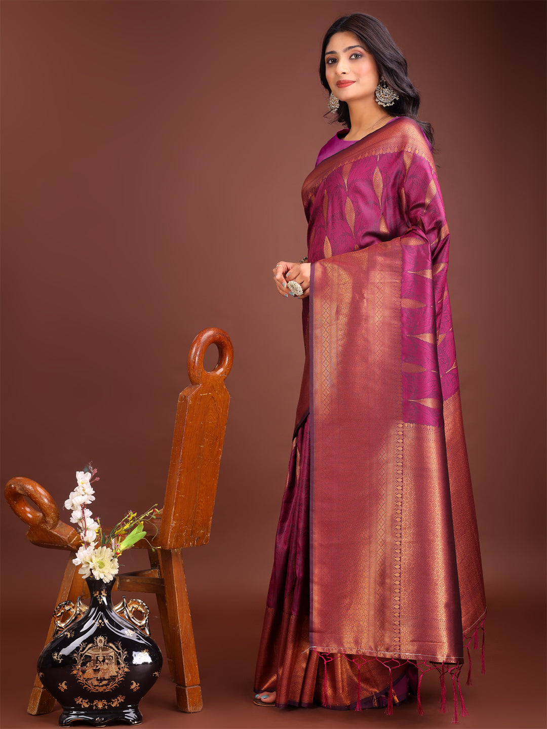 Shree Shyam Fashion Purple Linen Cotton Saree with Golden Zari Leaf Woven Design & Rich Pallu - Festive Wear | Office Look | Soft Drape - Distacart