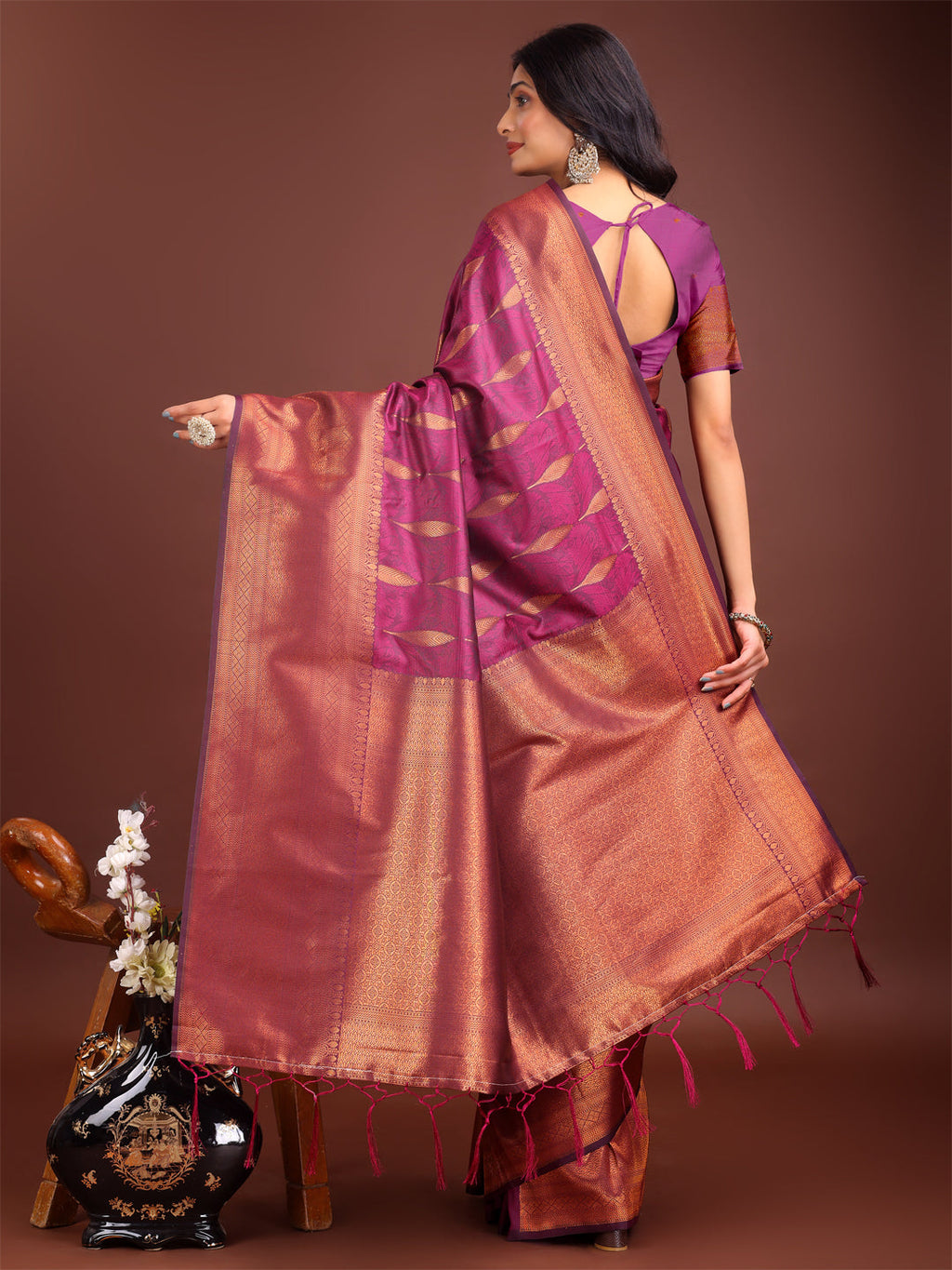 Shree Shyam Fashion Purple Linen Cotton Saree with Golden Zari Leaf Woven Design & Rich Pallu - Festive Wear | Office Look | Soft Drape - Distacart