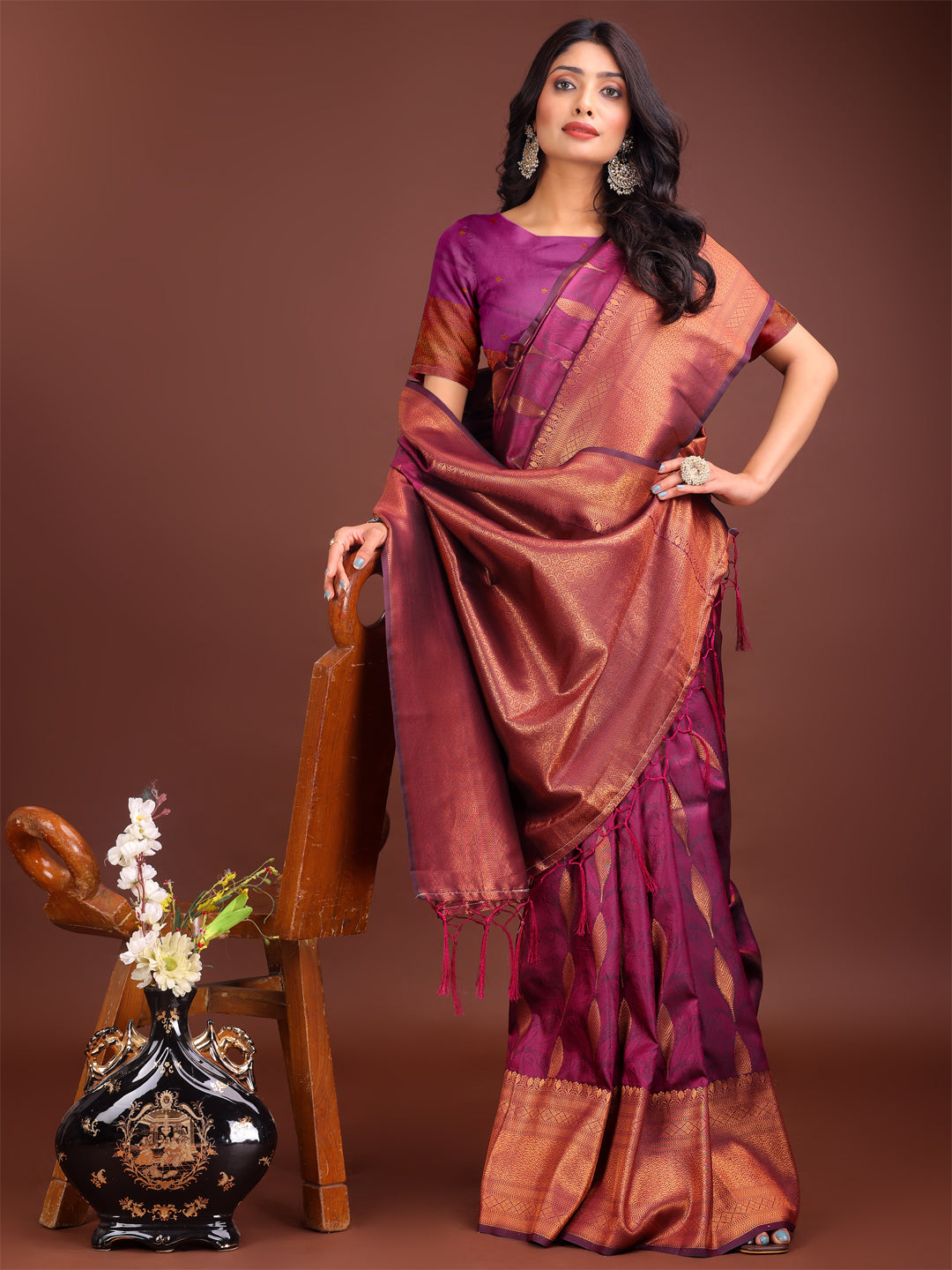Shree Shyam Fashion Purple Linen Cotton Saree with Golden Zari Leaf Woven Design & Rich Pallu - Festive Wear | Office Look | Soft Drape - Distacart