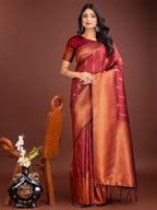 Shree Shyam Fashion Maroon Linen Cotton Saree with Golden Zari Leaf Woven Design & Rich Pallu - Festive Wear | Office Look | Soft Drape - Distacart