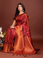 Shree Shyam Fashion Maroon Linen Cotton Saree with Golden Zari Leaf Woven Design & Rich Pallu - Festive Wear | Office Look | Soft Drape - Distacart