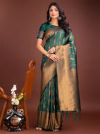 Shree Shyam Fashion Green Linen Cotton Saree with Golden Zari Leaf Woven Design & Rich Pallu - Festive Wear | Office Look | Soft Drape - Distacart