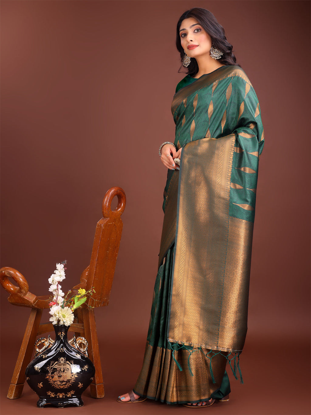Shree Shyam Fashion Green Linen Cotton Saree with Golden Zari Leaf Woven Design & Rich Pallu - Festive Wear | Office Look | Soft Drape - Distacart