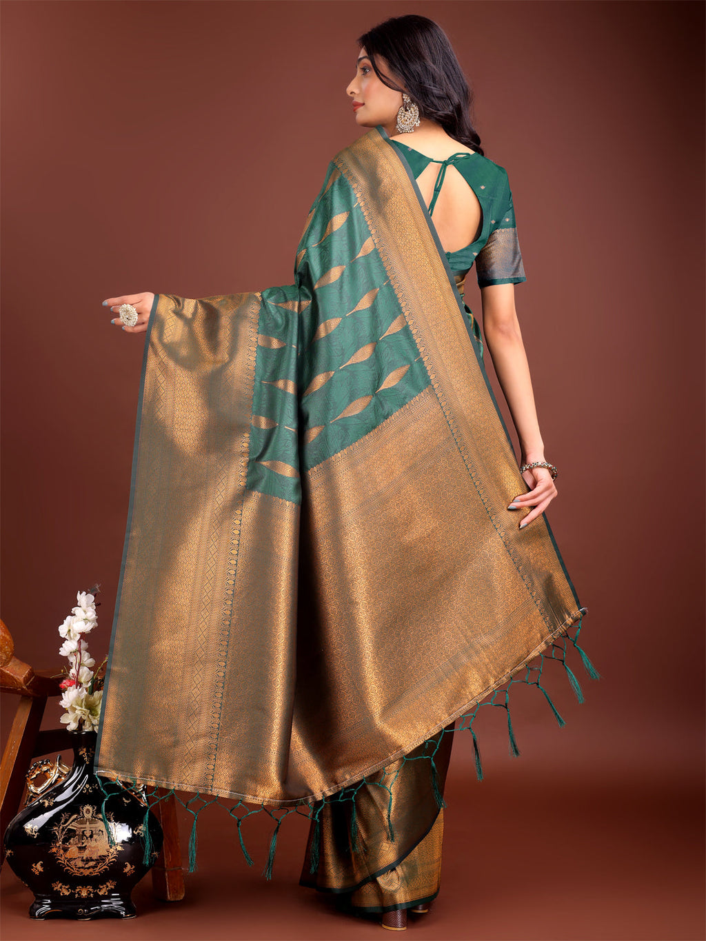 Shree Shyam Fashion Green Linen Cotton Saree with Golden Zari Leaf Woven Design & Rich Pallu - Festive Wear | Office Look | Soft Drape - Distacart