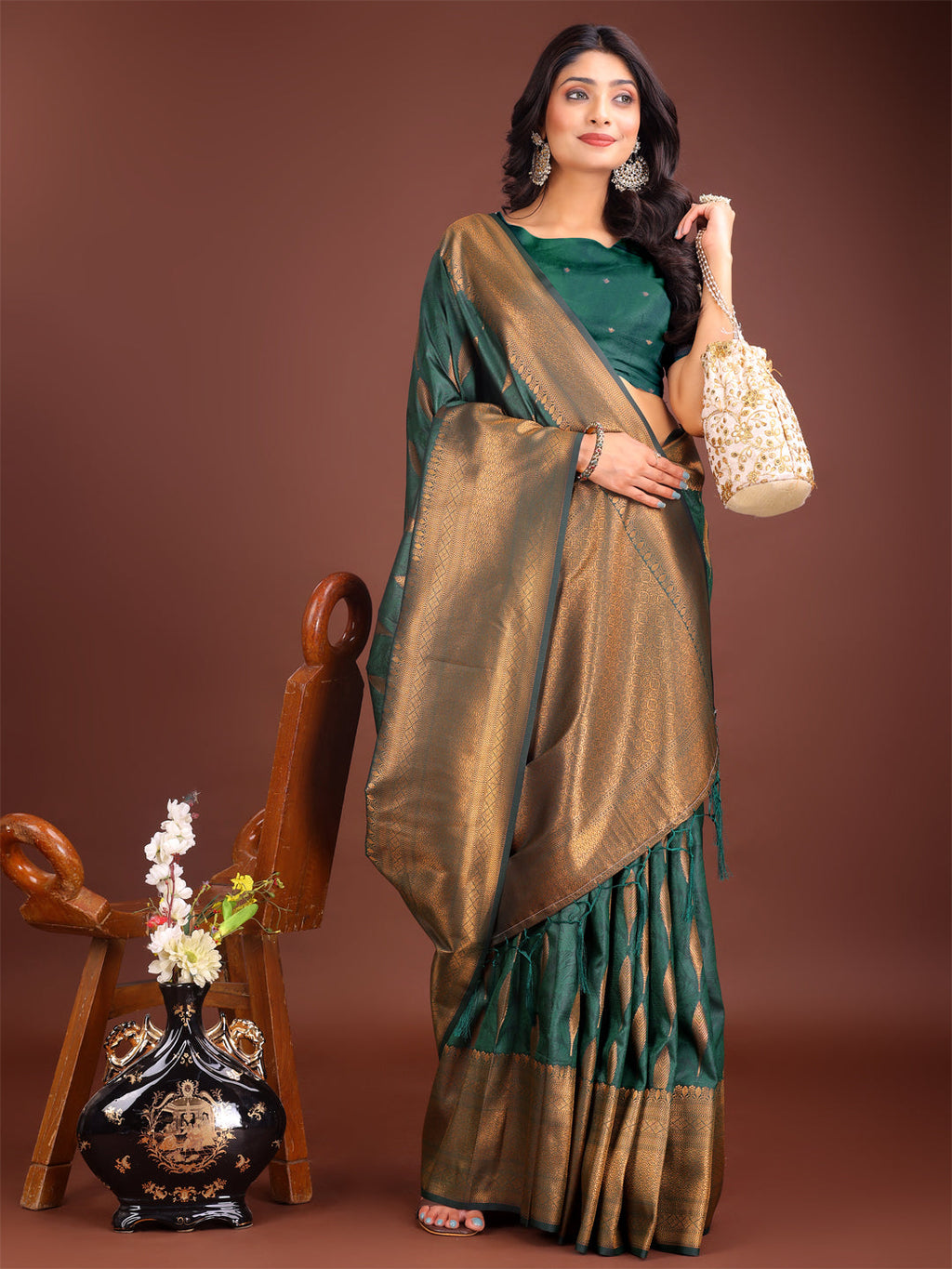 Shree Shyam Fashion Green Linen Cotton Saree with Golden Zari Leaf Woven Design & Rich Pallu - Festive Wear | Office Look | Soft Drape - Distacart