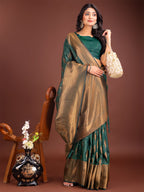 Shree Shyam Fashion Green Linen Cotton Saree with Golden Zari Leaf Woven Design & Rich Pallu - Festive Wear | Office Look | Soft Drape - Distacart