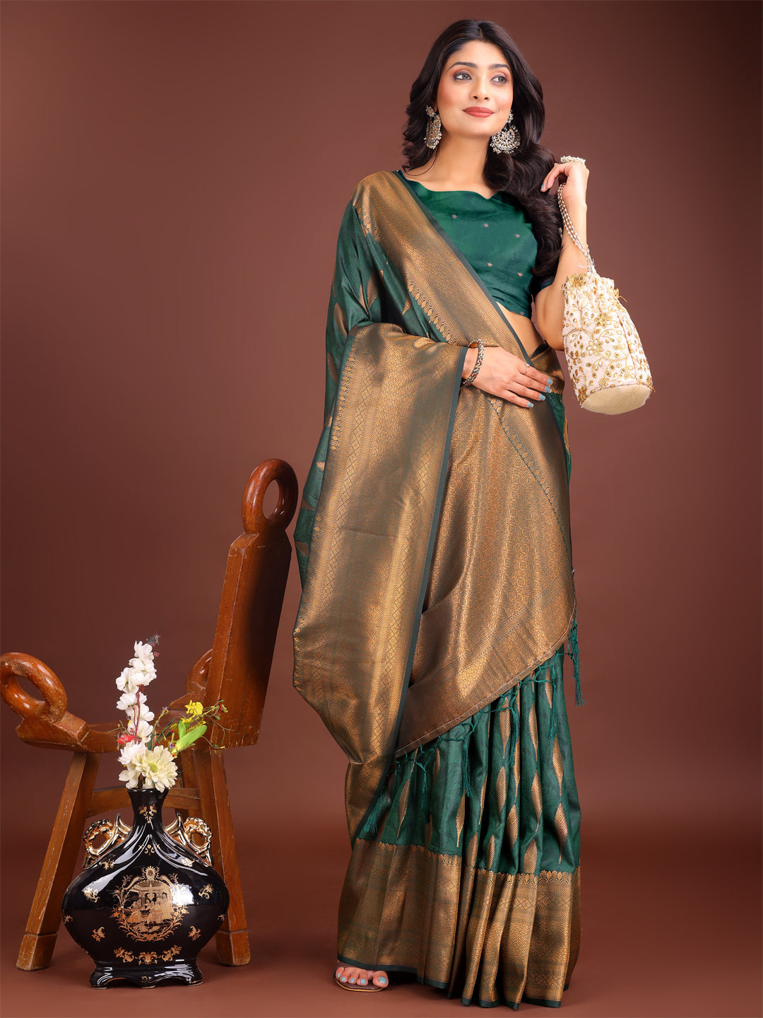 Shree Shyam Fashion Green Linen Cotton Saree with Golden Zari Leaf Woven Design & Rich Pallu - Festive Wear | Office Look | Soft Drape - Distacart