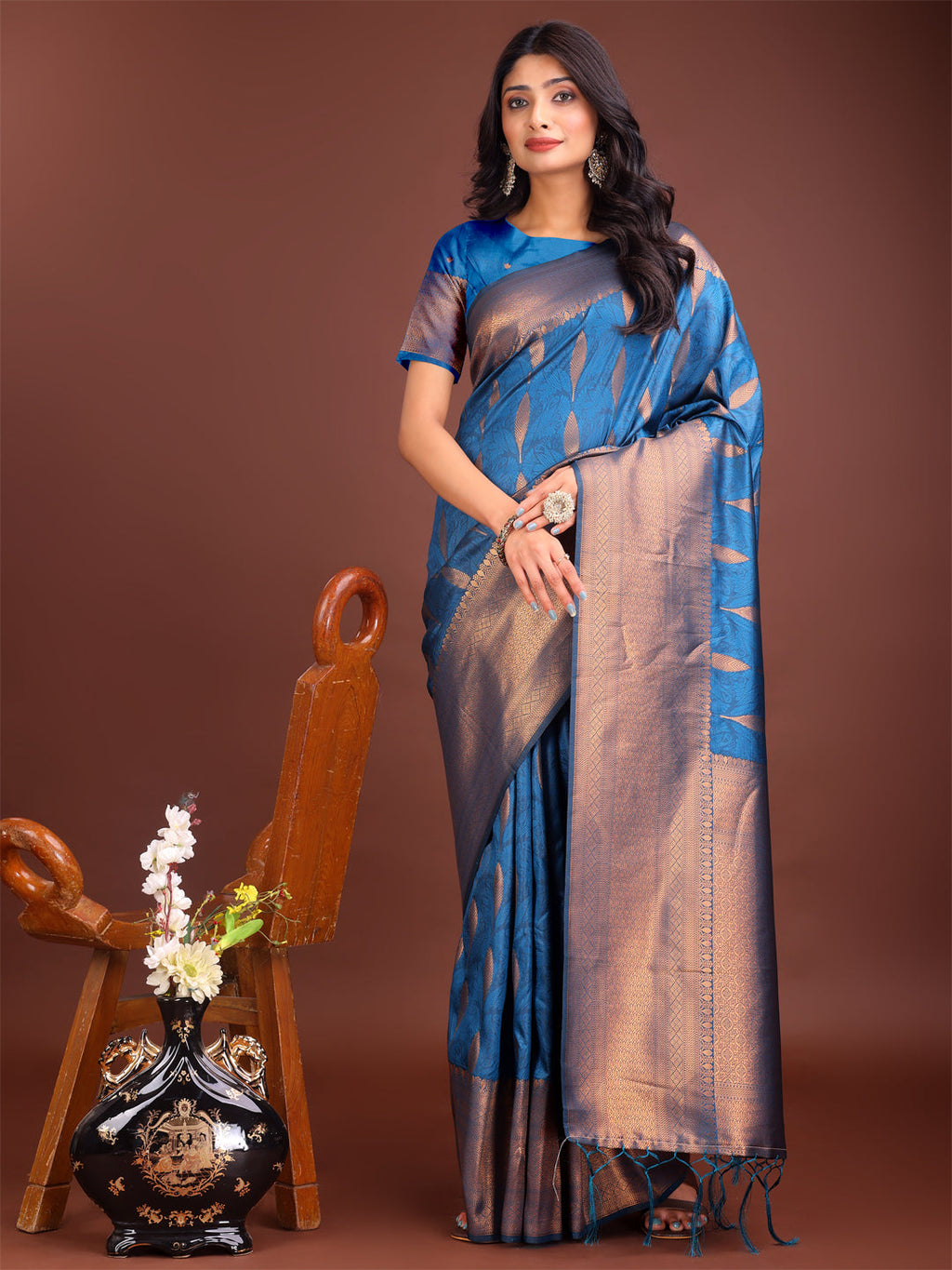 Shree Shyam Fashion Sky Blue Linen Cotton Saree with Golden Zari Leaf Woven Design & Rich Pallu - Festive Wear | Office Look | Soft Drape - Distacart