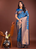 Shree Shyam Fashion Sky Blue Linen Cotton Saree with Golden Zari Leaf Woven Design & Rich Pallu - Festive Wear | Office Look | Soft Drape - Distacart